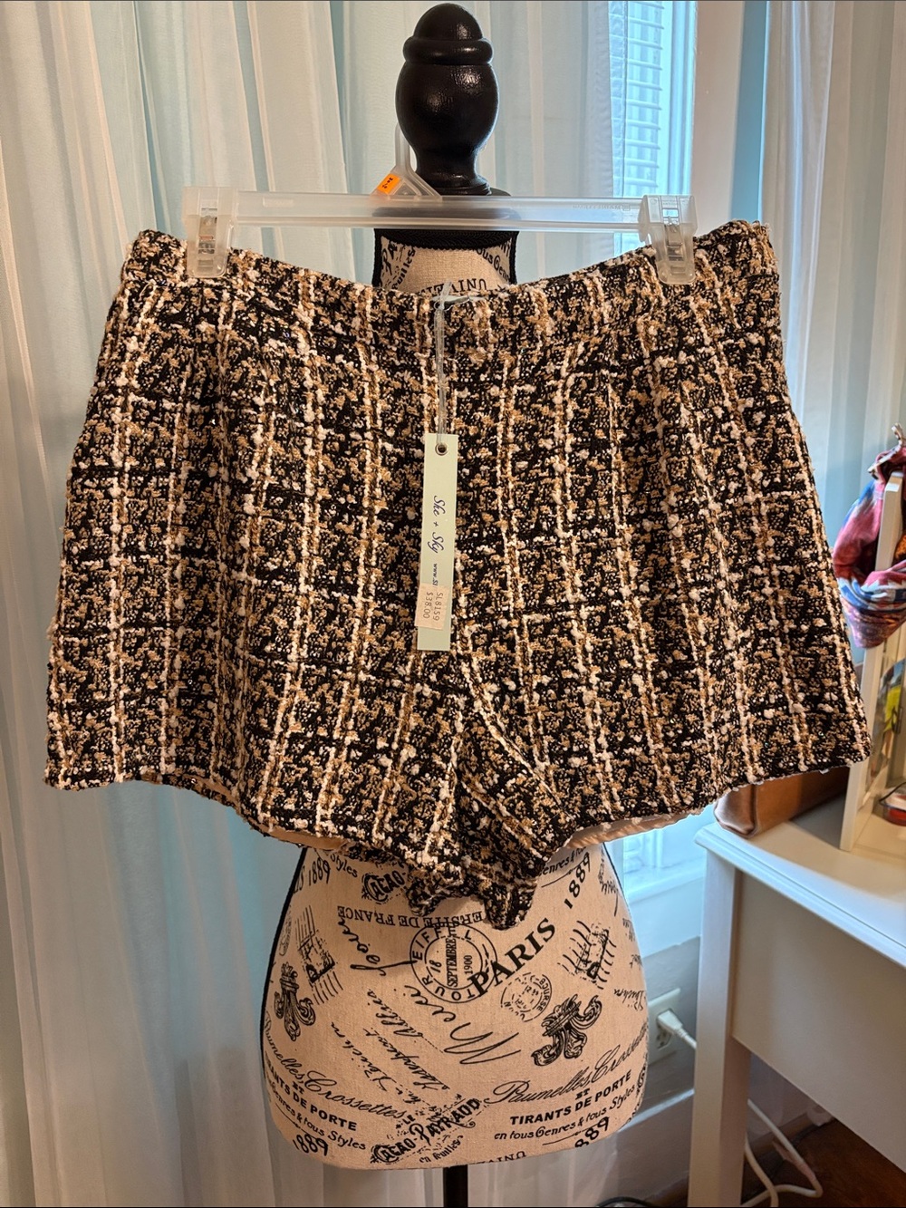 She + Sky Black & Cream Plaid Tweed Women's Shorts
